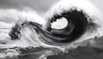 Powerful ocean wave capturing a dramatic, swirling vortex in grayscale.