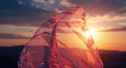 A vibrant, translucent, gem-like shard, seemingly of crystal, catches the warm glow of a sunset, showcasing intricate facets and a dramatic silhouette against the colorful sky.