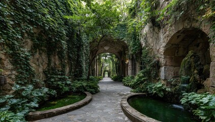 Obraz premium Stone pathway lined with lush greenery