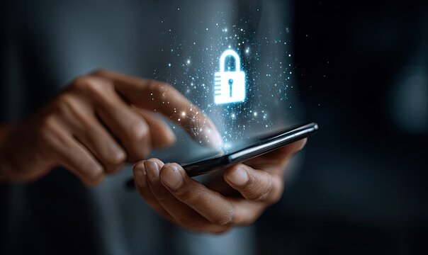 Hands hold a smartphone with a glowing lock icon overlaid, suggesting mobile security - Powered by Adobe