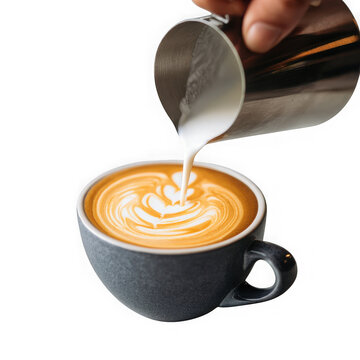 Barista pouring milk into a cup of coffee isolated on transparent background