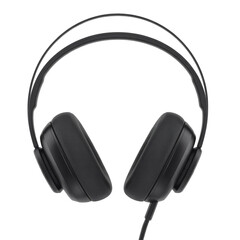 Fototapeta premium Black stereo headphones with a microphone, isolated on a white background, perfect for listening to music or studio audio