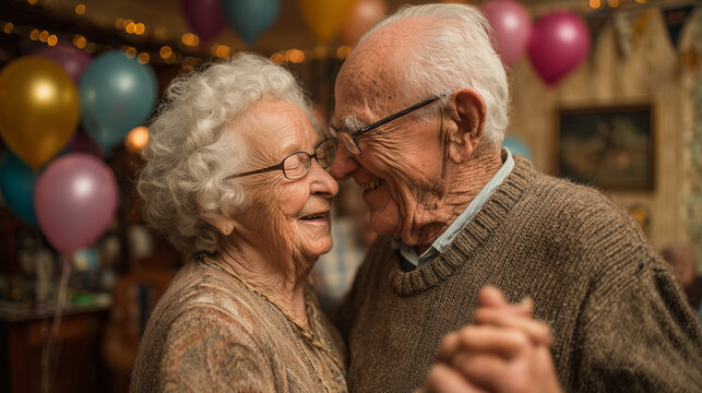 Happy elderly couple dancing closely together at birthday celebration with balloons and decorations