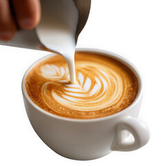 Barista pouring milk into coffee creating latte art isolated on transparent background