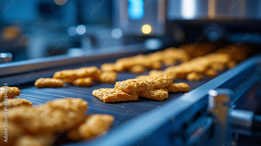 Poster robotic sorters scanning chips on conveyor in advanced snack factory detecting imperfections with la