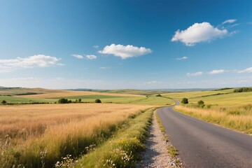 A beautifully picturesque, winding road meanders through the golden fields beneath a vast, clear blue sky