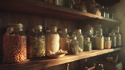 In a charming rustic kitchen, shelves are beautifully decorated with an array of glass jars. These jars exhibit a diverse selection of grains and herbs, all gently illuminated by soft, cinematic light