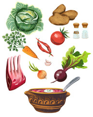 illustration poster with products for cooking red borscht f