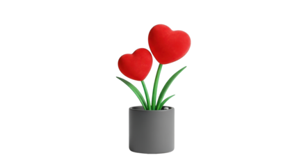 Two red heart-shaped flowers in a gray pot hearts love isolated on a transparent background