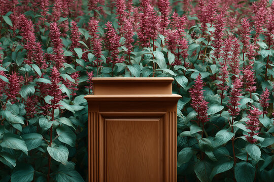 A wooden podium stands gracefully amidst a vibrant garden of pink flowers and lush greenery. The podium, with its classic design, offers a sense of formality within the organic surroundings - Powered by Adobe