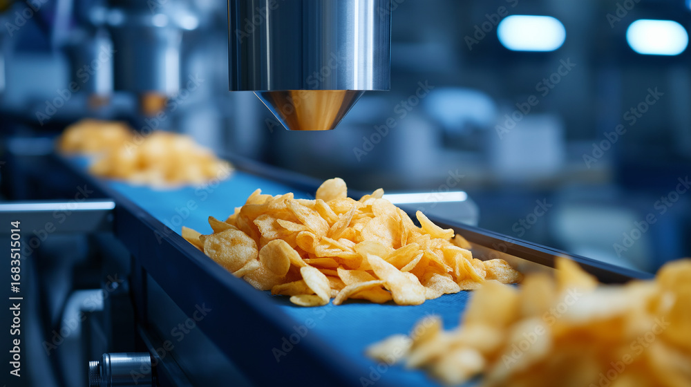 Poster robotic sorters scanning chips on conveyor in advanced snack factory detecting imperfections with la
