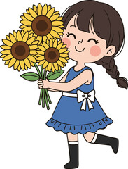 Smiling little girl in blue dress holding sunflowers, cute child illustration, joyful happy kid, adorable cartoon character with bright flowers.