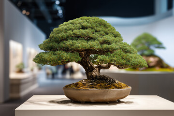 An intricately shaped bonsai tree is showcased on a minimalist display table with soft lighting and a blurry backdrop. The tranquil scene emphasizes nature's beauty and the art of cultivation