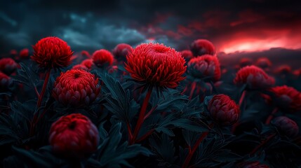 Field of red flowers with a dark sky in the background. The flowers are in full bloom and the sky is cloudy