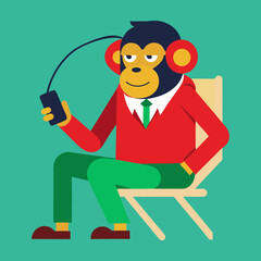 A monkey wearing a shirt and pants listening to music on a mobile phone vector art illustration