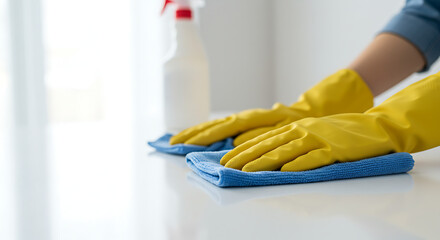hand in glove with sponge A person doing household chores.

