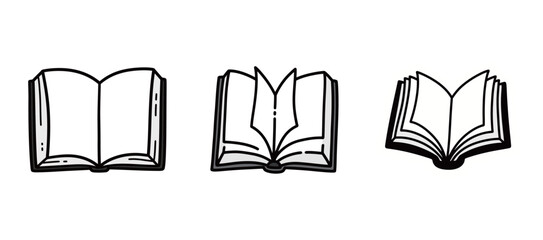 Open books doodle illustrations set. Knowledge and education concept. Reading and library symbols on white background.