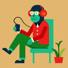 A monkey wearing a shirt and pants listening to music on a mobile phone vector art illustration