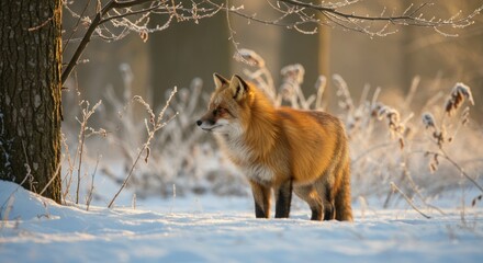 Red fox stands alert in snowy woods bathed in winter light