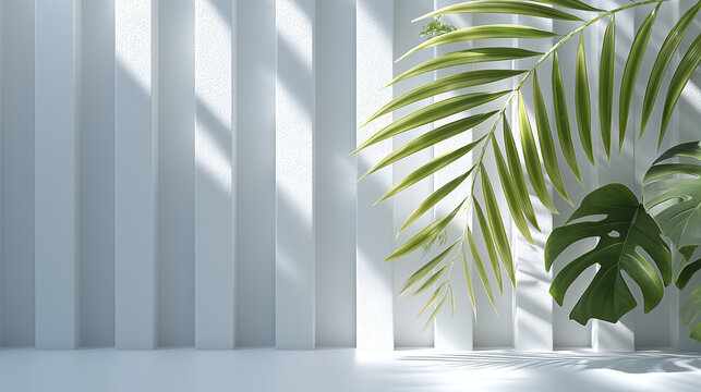 Green palm leaf and monstera leaf casting shadow on white modern wall with vertical stripes in bright sunlight - Powered by Adobe