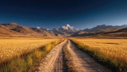 Golden wheat field path to snowy mountain peak at dawn