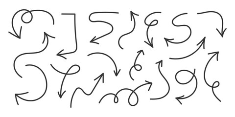 Hand drawn doodle arrows set. Simple sketch arrow. Black line Elements for notes, infographics, highlights, presentations, school business design, education materials