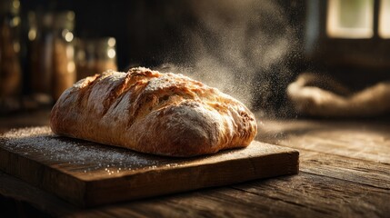 Freshly baked loaf of bread, dusted with flour, on a wooden cutting board, bathed in warm light, with steam rising