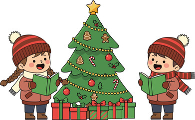 Children singing Christmas carols near decorated Christmas tree, holiday celebration, winter season, festive kids, Christmas gifts, joyful holiday illustration.