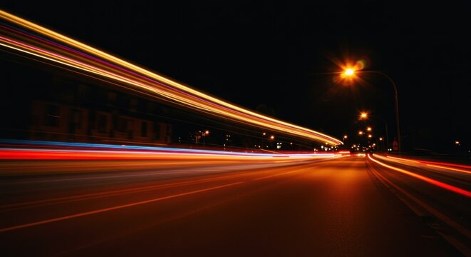 A city street at night, illuminated by streaks of light from moving vehicles, creating a mesmerizing display of motion and color.