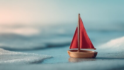 A small wooden sailboat with a red sail rests on a tranquil beach, soft light