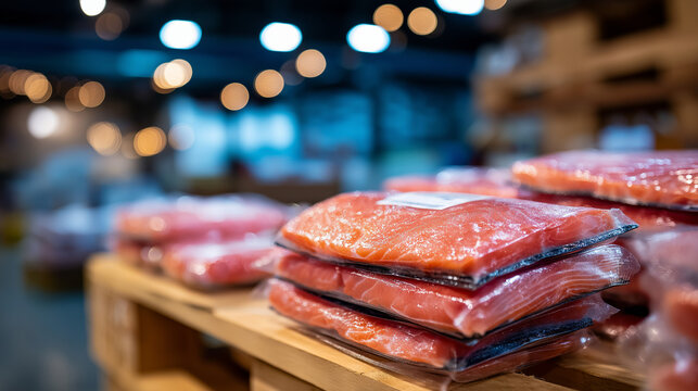 Cinematic Close Up of Salmon Fillets in Sealed Packages Glistening Pink Flesh Visible Through Clear Plastic Stacked in Precise Rows on Pallets Warehouse Shelving and Soft