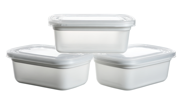 Three stackable, square, clear plastic food containers with lids