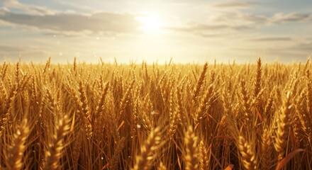 Naklejka premium Golden wheat field stretches out under a warm, golden sunset.
