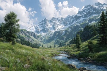 Obraz premium Picturesque alpine valley. Lush meadow, flowing stream, snow-capped peaks, clear blue sky with fluffy clouds