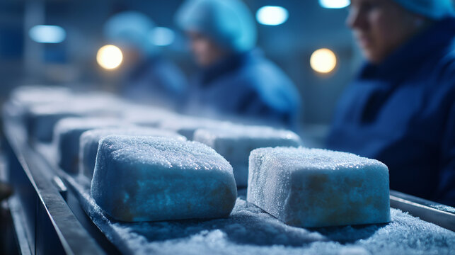 Low Angle View Along Production Line Frozen Food Packages Moving Toward Storage with Frosty Condensation Workers in Insulated Uniforms and Machinery in Cold Environment Frosty - Powered by Adobe