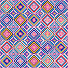 Bright seamless floral pattern featuring pink flowers inside colorful geometric diamond shapes. Perfect for textile design, wallpaper, wrapping paper, fashion prints, stationery, and digital backgroun