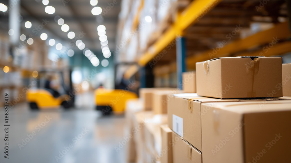 Poster dynamic aisle view with rows of cardboard boxes canned goods peeking through open flaps forklifts in