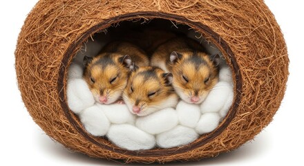 Three hamsters sleep nestled in a hollow coconut with a white cloth cushion, centered against white