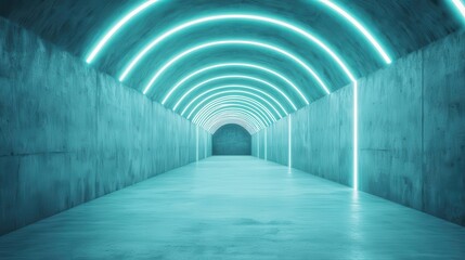 Underground subway tunnel with curved architecture, futuristic LED lighting creating a glowing pathway