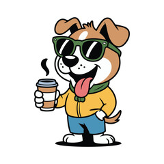 Cool cartoon dog wearing sunglasses enjoys a coffee break