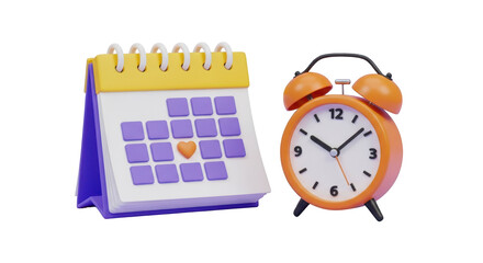 3D calendar with heart and orange alarm clock date schedule isolated on a transparent background