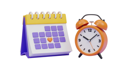 3D calendar with heart and orange alarm clock date schedule isolated on a transparent background