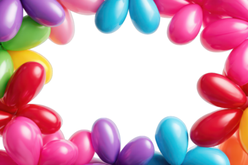 Colorful balloons form a frame around a black background