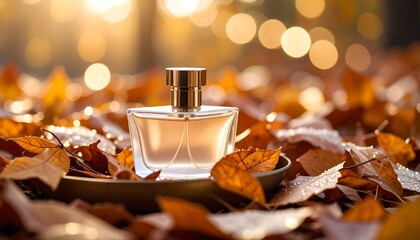 Perfume Bottle on Fallen Leaves with Bokeh Golden Light