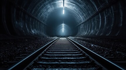 Underground rail tracks disappearing into a tunnel entrance, misty lighting adding an air of mystery