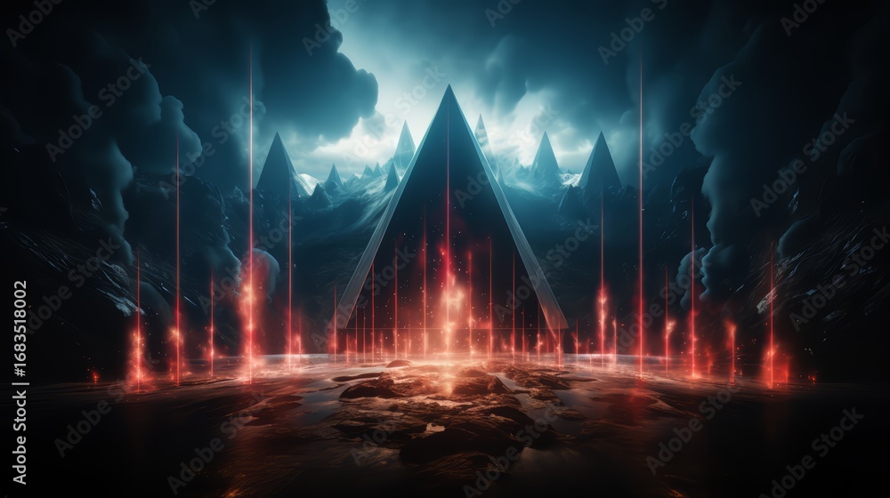 Poster futuristic scene with a large pyramid in the center and a mountain range in the background. the sky 