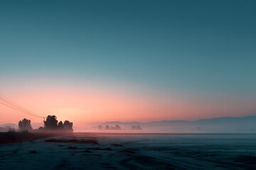Mystischer Sonnenaufgang mit nebliger Küstenlandschaft 
