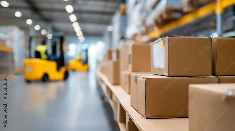 Poster dynamic aisle view with rows of cardboard boxes canned goods peeking through open flaps forklifts in