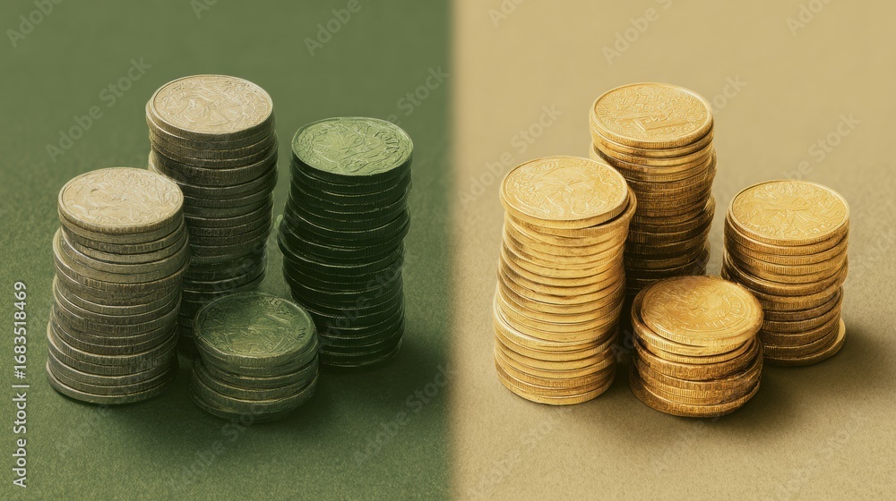 Poster two distinct sets of coin stacks in muted green and gold tones showcase differing values of currency