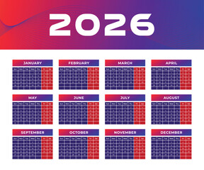 Trendy 2026 Calendar Colorful 12 Months Vector Design Printable Template Weeks Start with Sunday